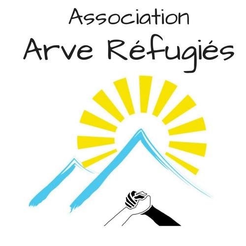 Logo de l'association Arve Réfugiés soleil montagne et poignée de mains