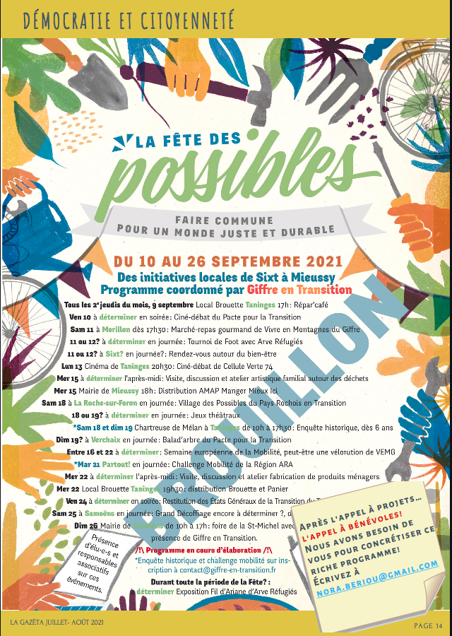 Appel à bénévoles sur ébauche programme Fête des Possibles Giffre en Transition 10-26 sept 2021 Appel à bénévoles sur ébauche programme Fête des Possibles Giffre en Transition 10-26 sept 2021