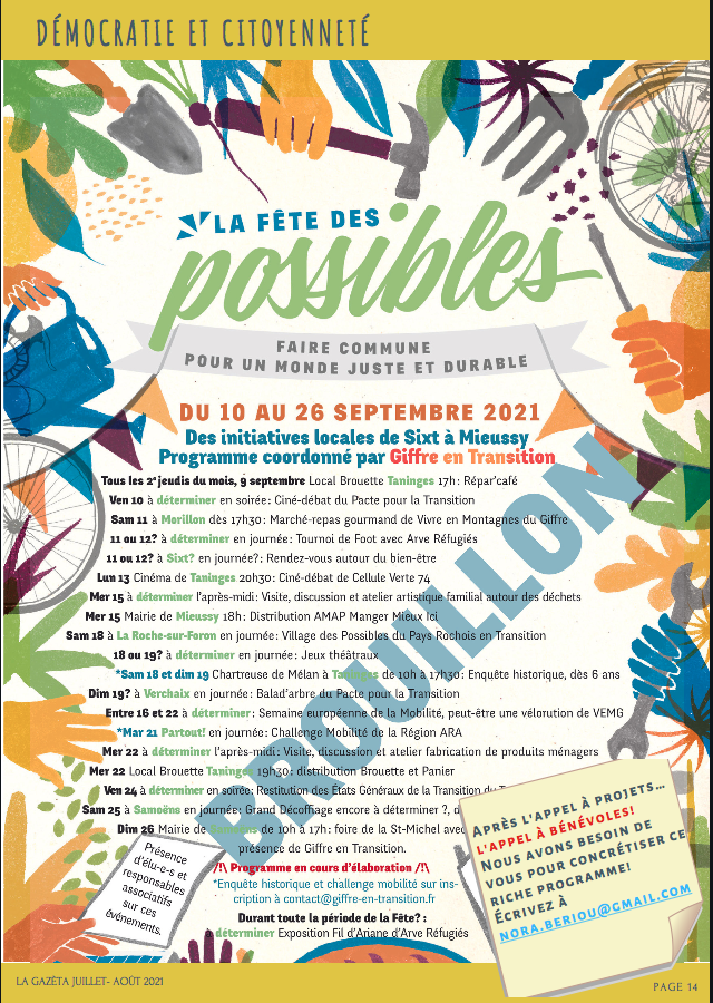 Appel à bénévoles sur ébauche programme Fête des Possibles Giffre en Transition 10-26 sept 2021