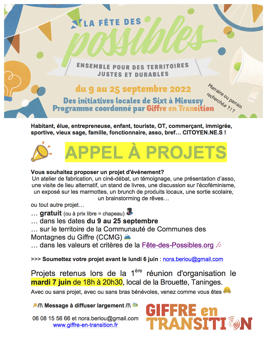 Appel-Projets FdP 2022 Appel à projets pour la Fête des Possibles septembre 2021 Giffre en Transition